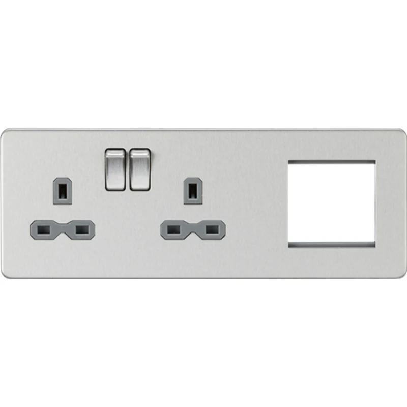 KnightsBridge Screwless 13A 2G DP Socket + 2G Modular Plate - Brushed Chrome, Grey Insert